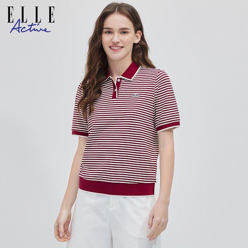 ELLE Active泽西风户外穿搭红条纹t恤女短袖polo衫休闲运动上衣,淘宝优惠券,粉丝福利购,淘宝优惠卷