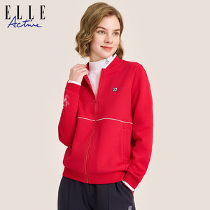 ELLE Active2023秋冬款休闲红色棒球服女高级感花卉印花运动外套