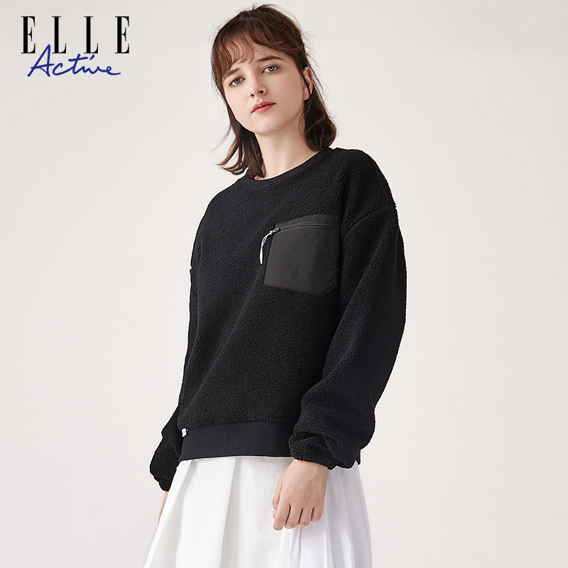 ELLE Active2023秋冬款圆领厚加绒卫衣女粉色宽松仿羊羔毛上衣 - 图3