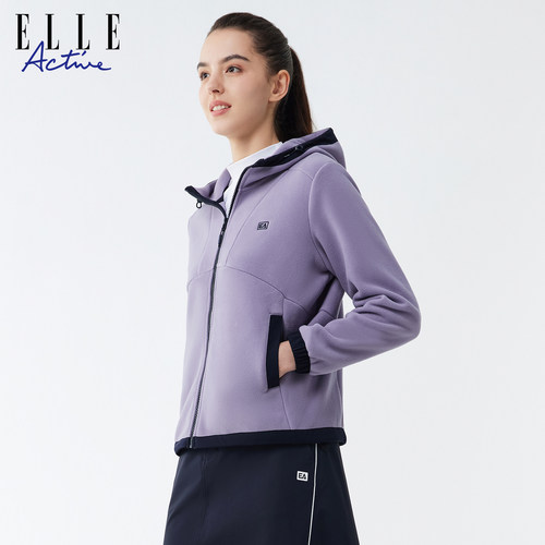 ELLE Active活力减龄户外穿搭紫色摇粒绒连帽外套秋冬保暖抓绒衣 - 图0