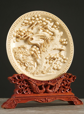 崖柏木雕松鹤延年摆件送礼长辈实用客厅实木装饰品红木雕刻工艺礼