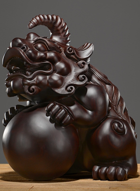 黑檀木雕独角貔貅摆件一对实木客厅玄关抱元宝皮丘红木雕刻工艺品