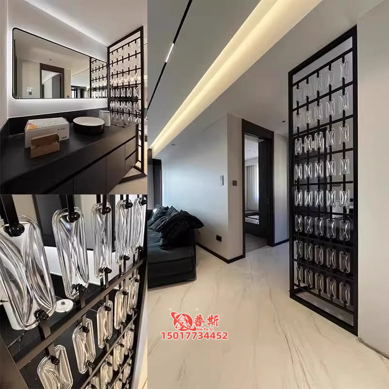 不锈钢水晶玻璃挂片屏风艺术玻璃金属隔断入户客厅酒店玄关背景墙 - 图0