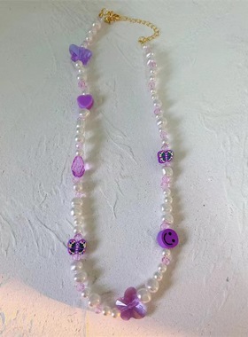 周雨彤同款紫色水晶珍珠锁骨链