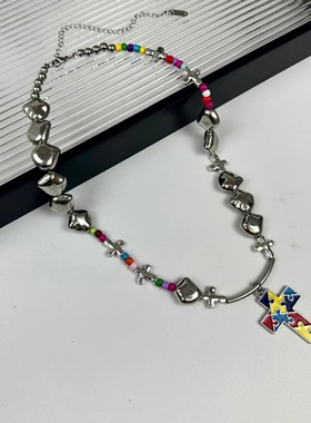 多巴胺彩色锆石十字架项链复古甜酷风小众简约气质个性超闪锁骨链