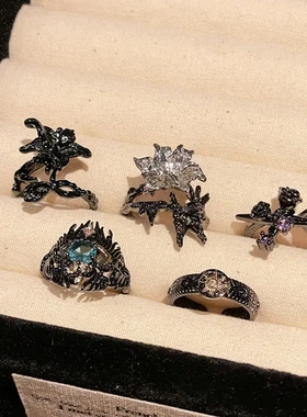 新款轻奢暗黑花朵开口戒指个性网红指环高级时尚小众高级感食指戒