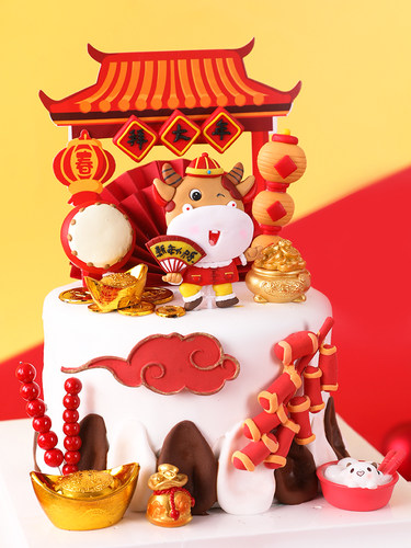 新年烘焙蛋糕装饰牛年快乐唐装牛软陶插件双面鼓灯笼鞭炮祥云插牌 - 图1