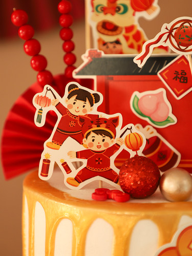 牛年中式春节福娃玩偶摆件红色唐装舞龙灯笼宝宝装饰新年蛋糕插牌 - 图3