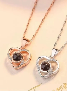 s925银桃心爱心投影镂空一百种语言我爱你记忆项链女吊坠