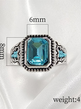 欧美跨境饰品 几何方形海蓝锆石戒指女 复古纹理朋克嘻哈指环男