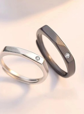 S925银异地恋对戒情侣戒指女男纯银一对单身尾戒指环开口可调节戒