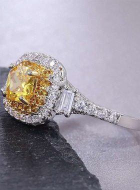 朵维新款微镶锆石璀璨4爪镶嵌黄宝石女士戒指气质时尚饰品wish