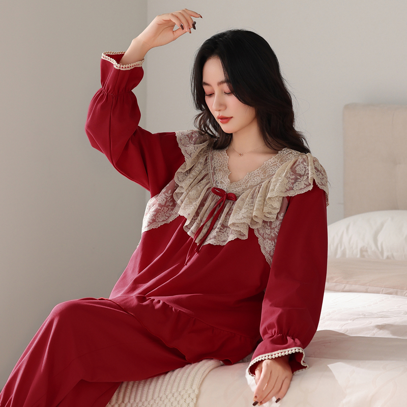 睡衣女春秋纯棉长袖女款2025年新款酒红色女士高级感本命年家居服 - 图0