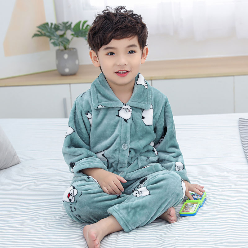 儿童法兰绒睡衣秋冬季加绒加厚宝宝保暖珊瑚绒家居服男童女孩套装