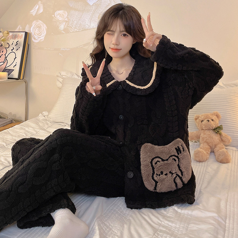 女士卡通睡衣珊瑚绒秋冬款加厚加绒开衫加大码宽松保暖家居服套装,淘宝优惠券,粉丝福利购,淘宝优惠卷