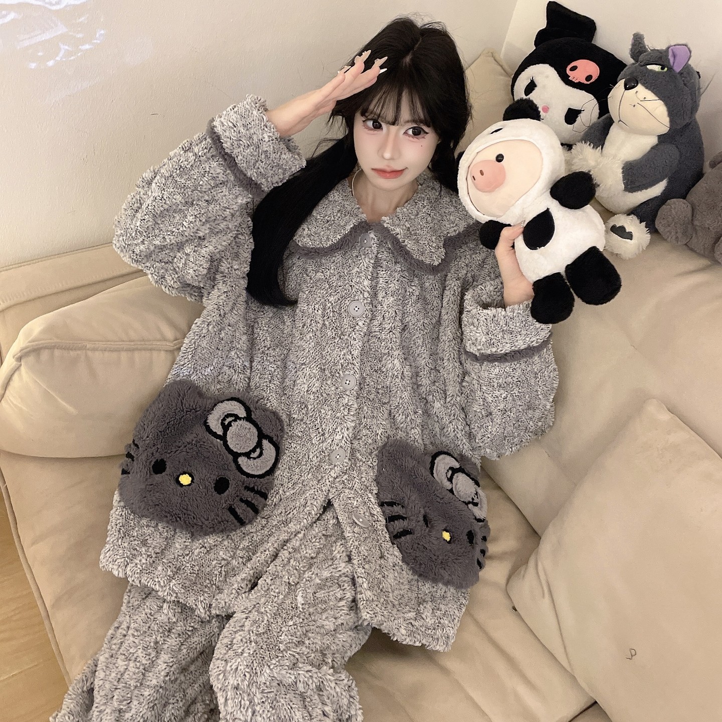 女士卡通睡衣珊瑚绒秋冬款加厚加绒开衫加大码宽松保暖家居服套装,淘宝优惠券,粉丝福利购,淘宝优惠卷