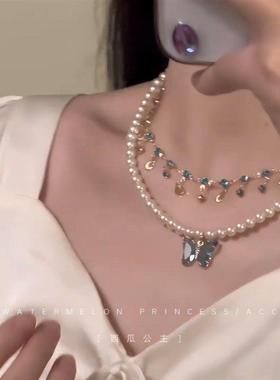 「清冷海与蝶」珍珠项链女款新款爆款蓝色蝴蝶吊坠锁骨链颈链