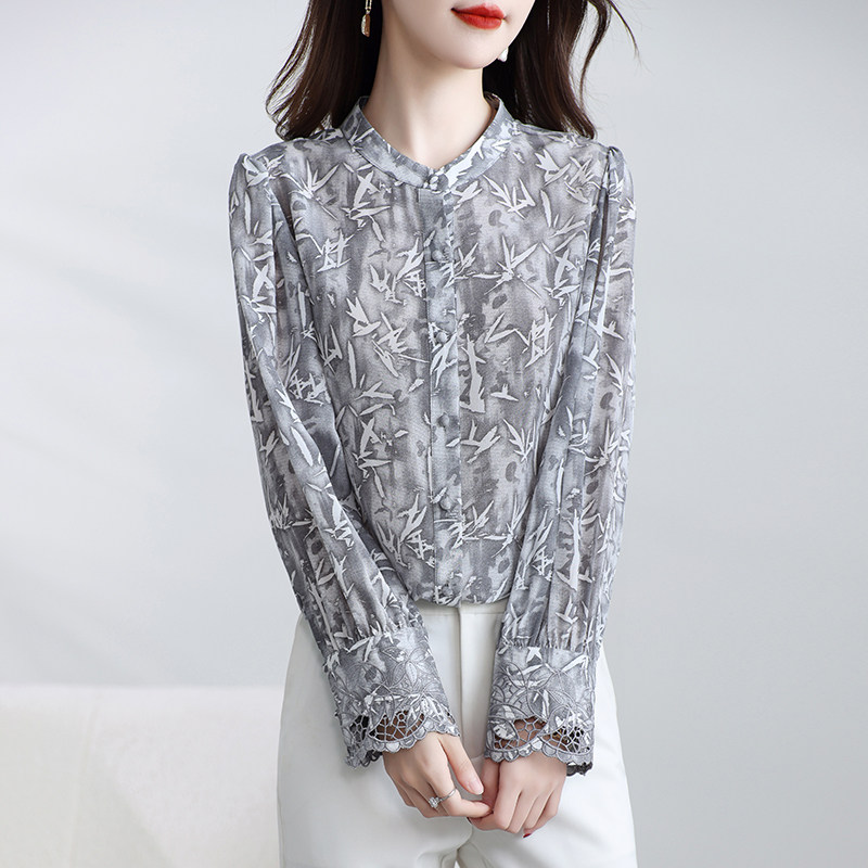 杭州真丝上衣女妈妈长袖水墨竹叶桑蚕丝国风衬衫洋气小众春秋小衫,淘宝优惠券,粉丝福利购,淘宝优惠卷