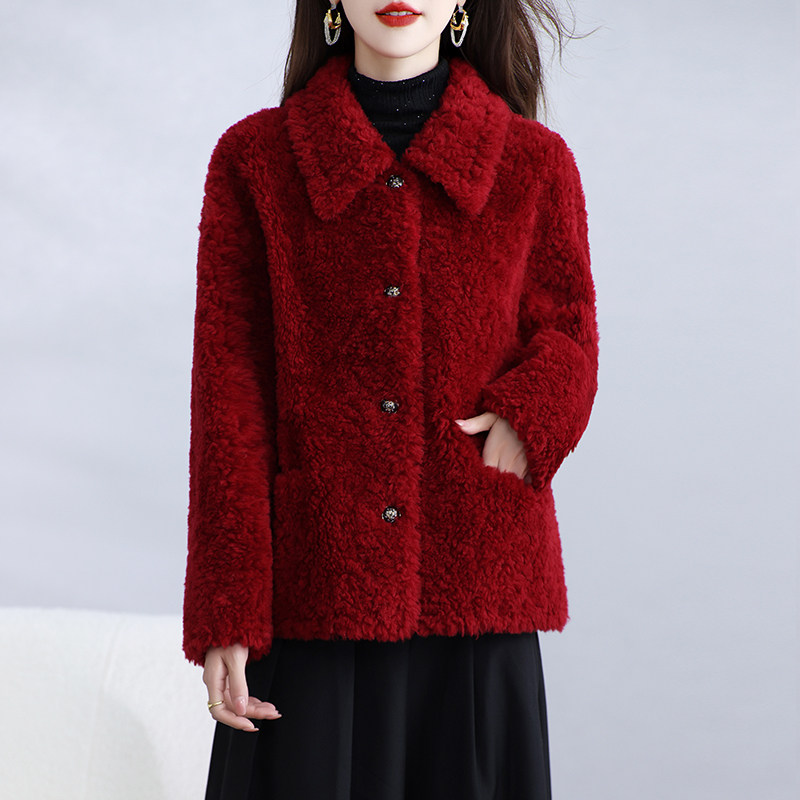 新款海宁颗粒绒皮草外套女短款羊剪绒一体简约妈妈羊羔毛大衣冬季 - 图2