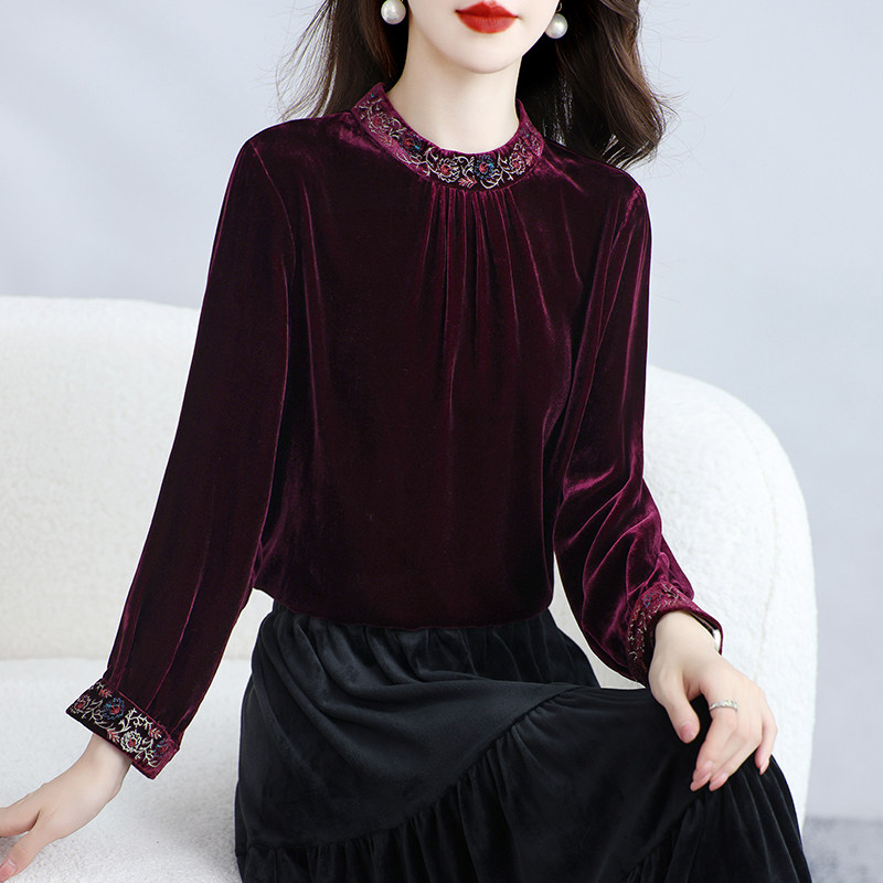 婚宴真丝丝绒上衣女装九分袖桑蚕丝T恤刺绣国风遮肉妈妈外套春秋,淘宝优惠券,粉丝福利购,淘宝优惠卷