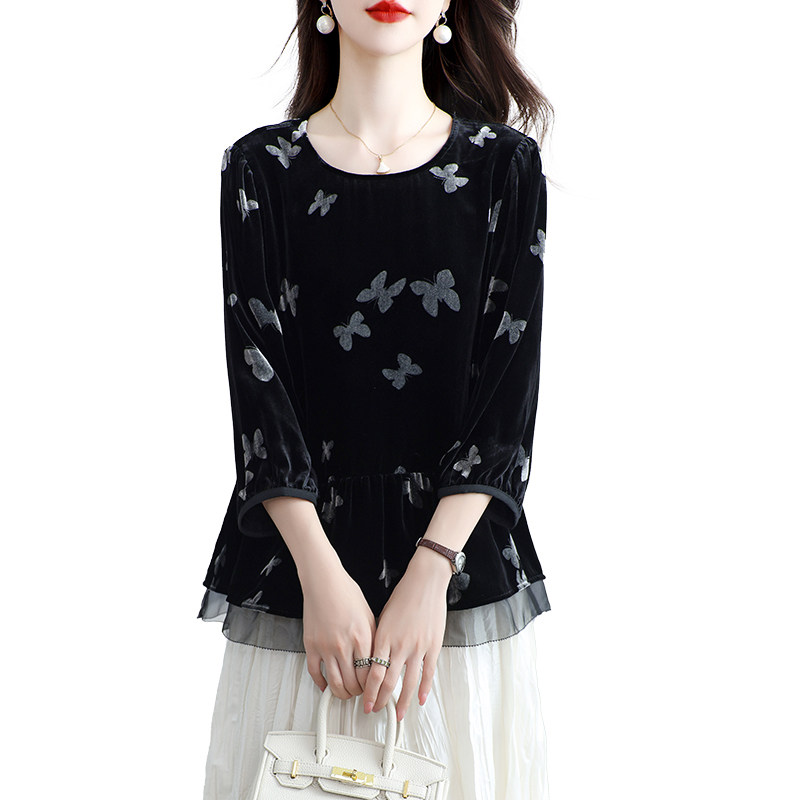 高端真丝丝绒上衣女圆领桑蚕丝T恤印花收腰显瘦别致妈妈外套春秋,淘宝优惠券,粉丝福利购,淘宝优惠卷