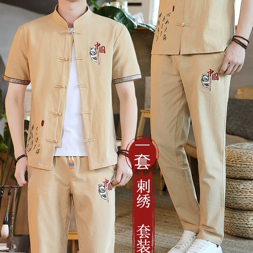 Летний комплект, кардиган, хлопковое ханьфу, из хлопка и льна, китайский стиль, с вышивкой, короткий рукав