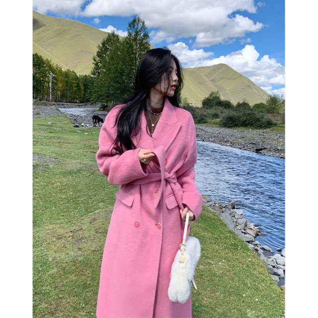 Pink double-sided cashmere coat for women mid-length Korean style