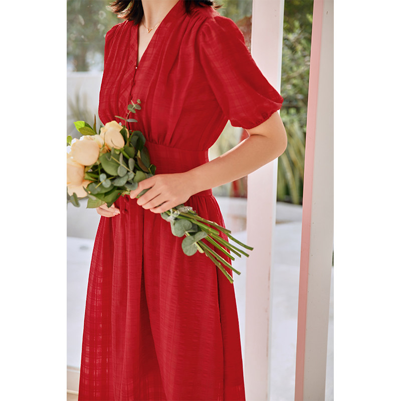 红色连衣裙复古赫本风秋季大长裙子 竹依依连衣裙