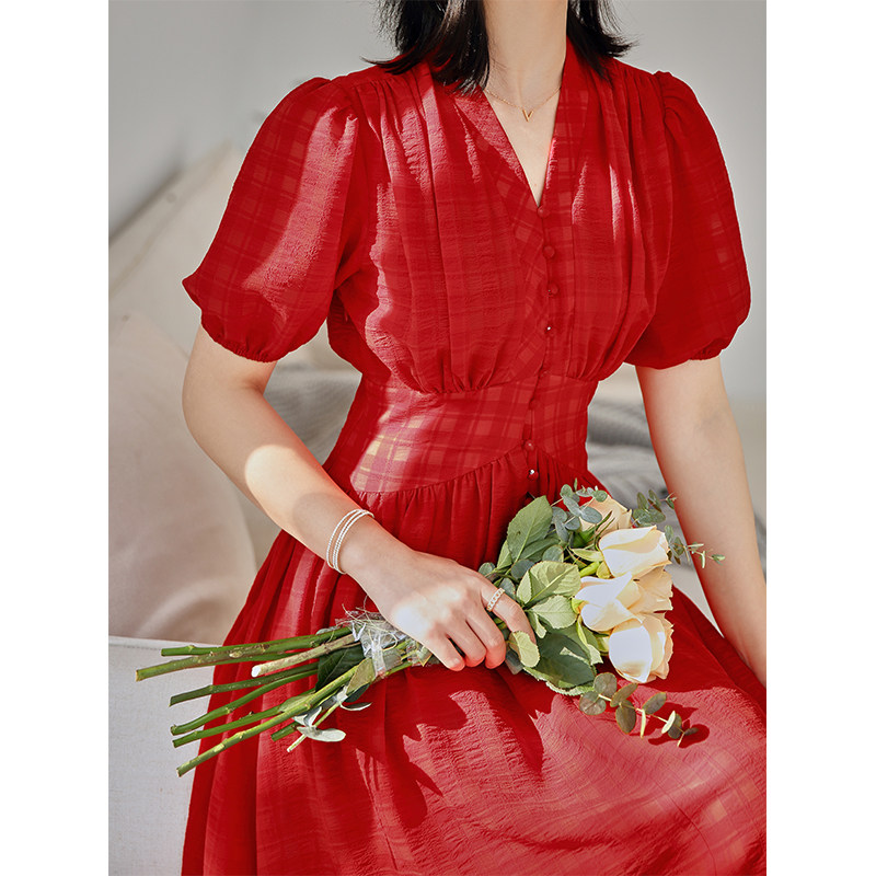 红色连衣裙复古赫本风秋季大长裙子 竹依依连衣裙