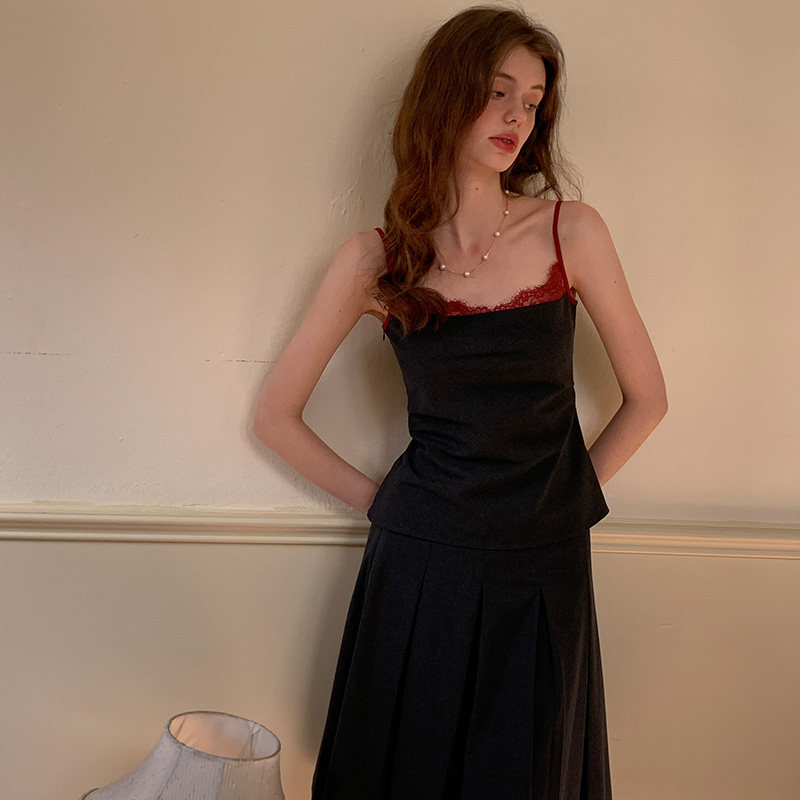 竹依依法式复古性感少女蕾丝拼接黑色吊带裙套装女夏修身显瘦款,淘宝优惠券,粉丝福利购,淘宝优惠卷