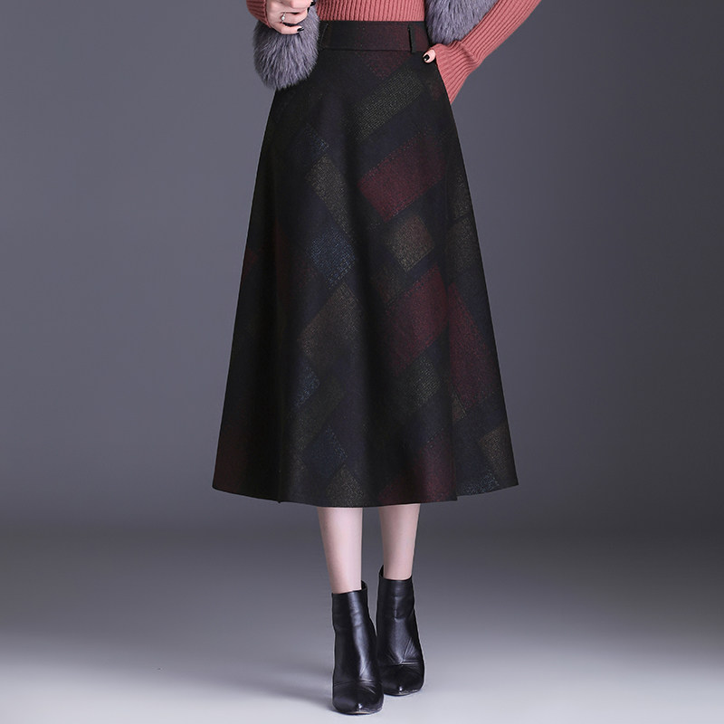 加厚毛呢格纹2021新款高腰半身裙 卡吉鹿服饰半身裙