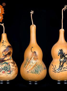 精品特大天然葫芦摆件手工墨刻烙画针画龙虎马吉祥寓意工艺品摆件