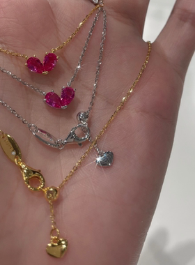 高定玫红小爱心项链46cm抽拉链