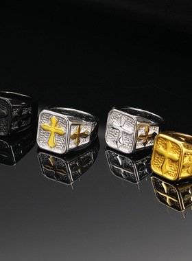 新款钛钢铸造潮流石头纹理设计 时尚十字架戒指男手饰品