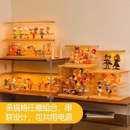 泡泡玛特展示盒盲盒收纳展示架带灯实木手办透明防尘亚克力收纳盒 - 图1