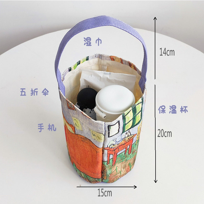 轻帆布袋梵高油画国风圆筒包手提水桶帆布包韩风少女心妈咪包便当