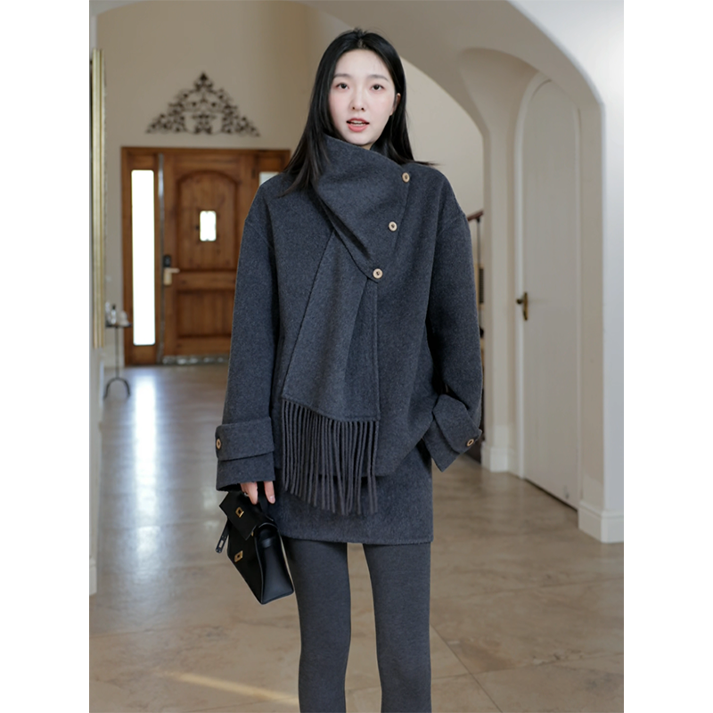 郭九九呢 羊毛围巾可拆卸双面呢大衣冬季新款百搭外套高腰a字半裙,淘宝优惠券,粉丝福利购,淘宝优惠卷