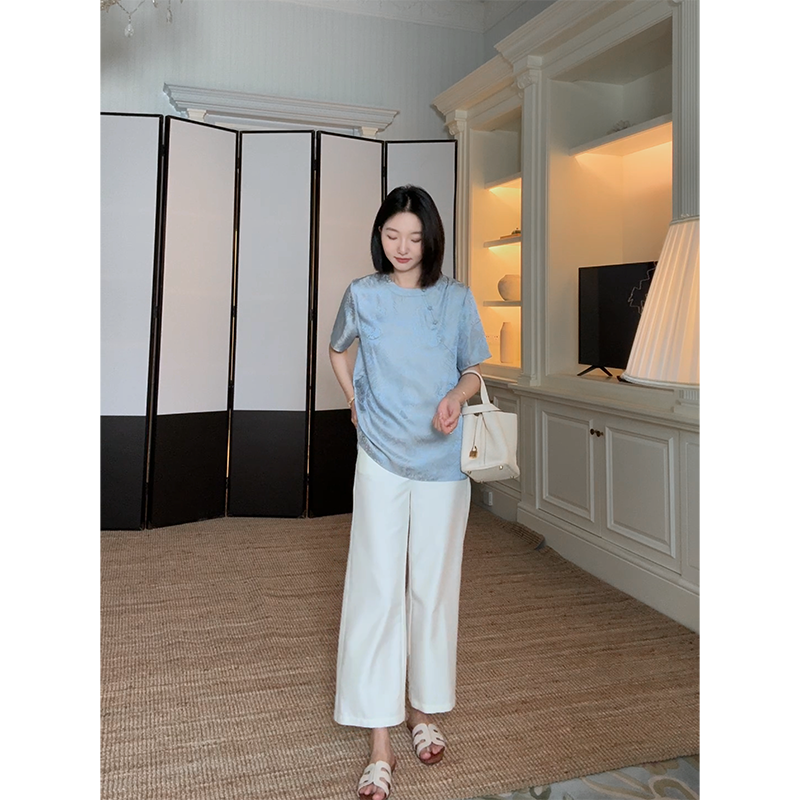 郭九九呢 新中式圆领手工盘扣短袖上衣夏季新款简约百搭直筒裤女 - 图2