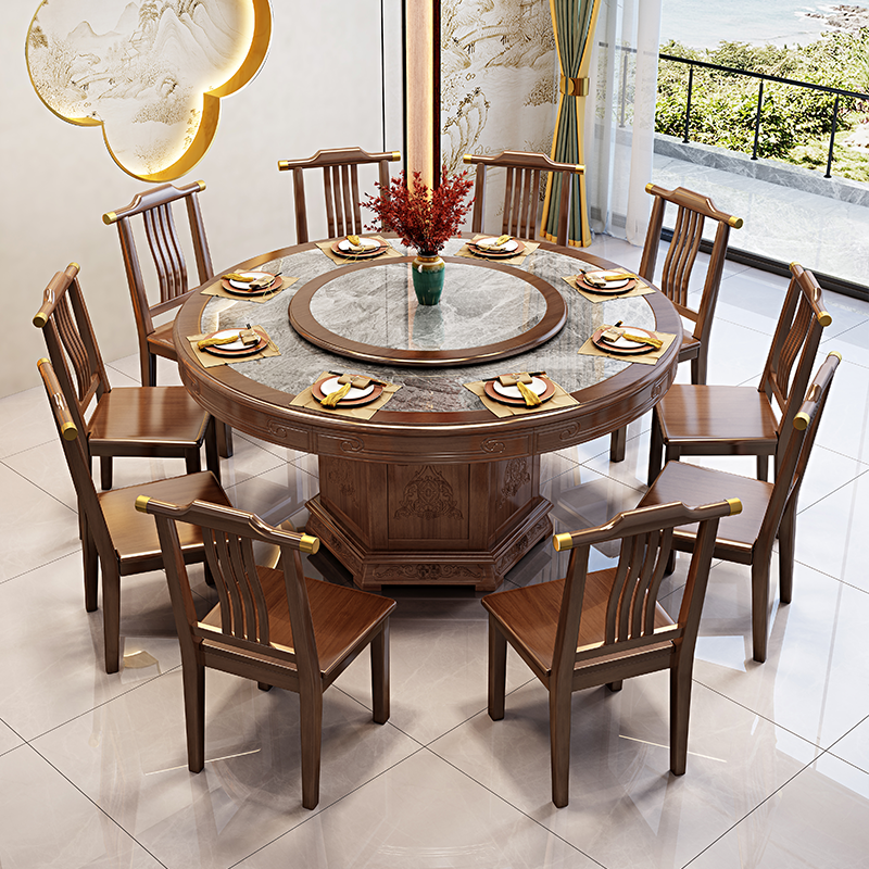 新中式实木岩板餐桌椅组合2025新款酒店圆形大圆桌家用10人吃饭桌,淘宝优惠券,粉丝福利购,淘宝优惠卷