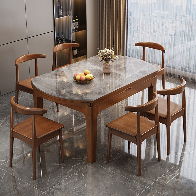 实木岩板餐桌2025新款家用轻奢现代简约可伸缩变圆桌小户型饭桌子 - 图1