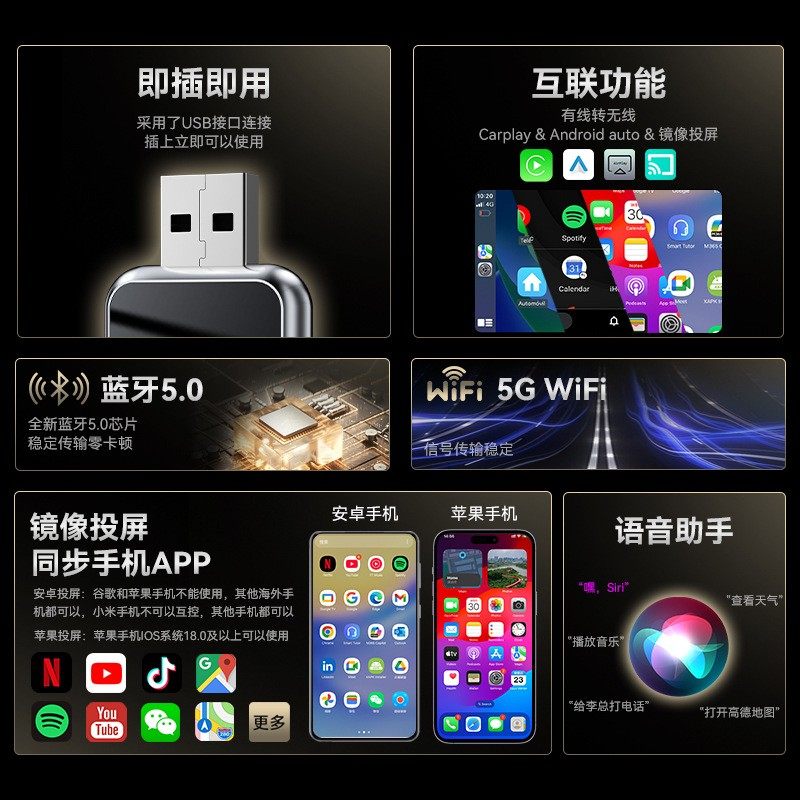 车载互联转换盒安卓Auto无线投屏互控模块苹果镜像视频Carplay,淘宝优惠券,粉丝福利购,淘宝优惠卷