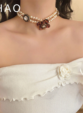 琥珀秋冬~欧美复古豹纹花朵双层珍珠项链女 ins百搭高级感锁骨链