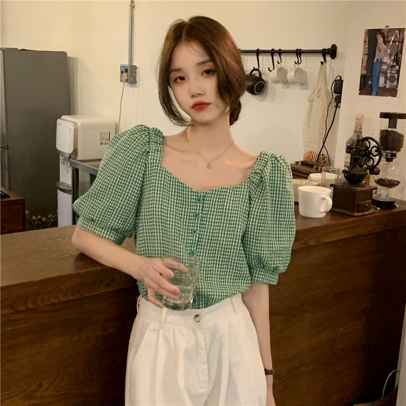 新款韩式复古方领格子撞色气质衬衫 淮慕霏衬衫