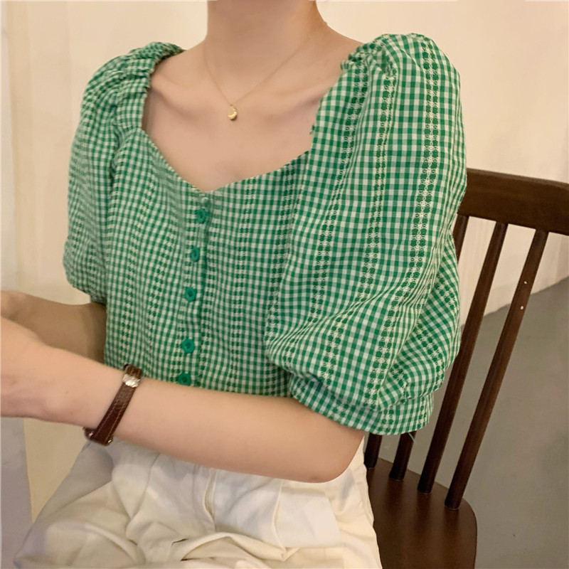 新款韩式复古方领格子撞色气质衬衫 淮慕霏衬衫
