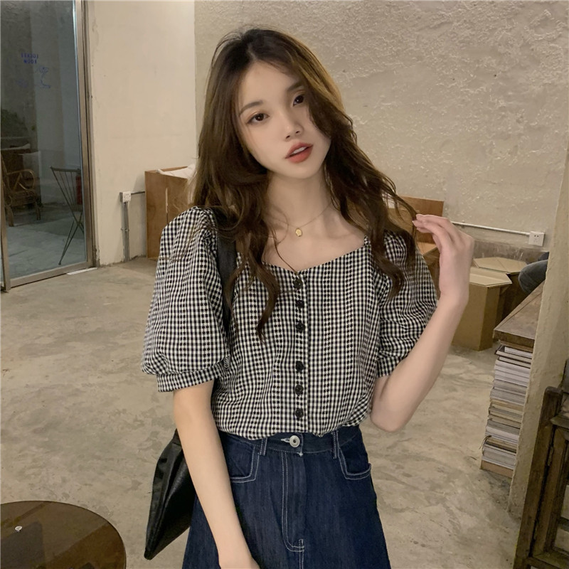 新款韩式复古方领格子撞色气质衬衫 淮慕霏衬衫