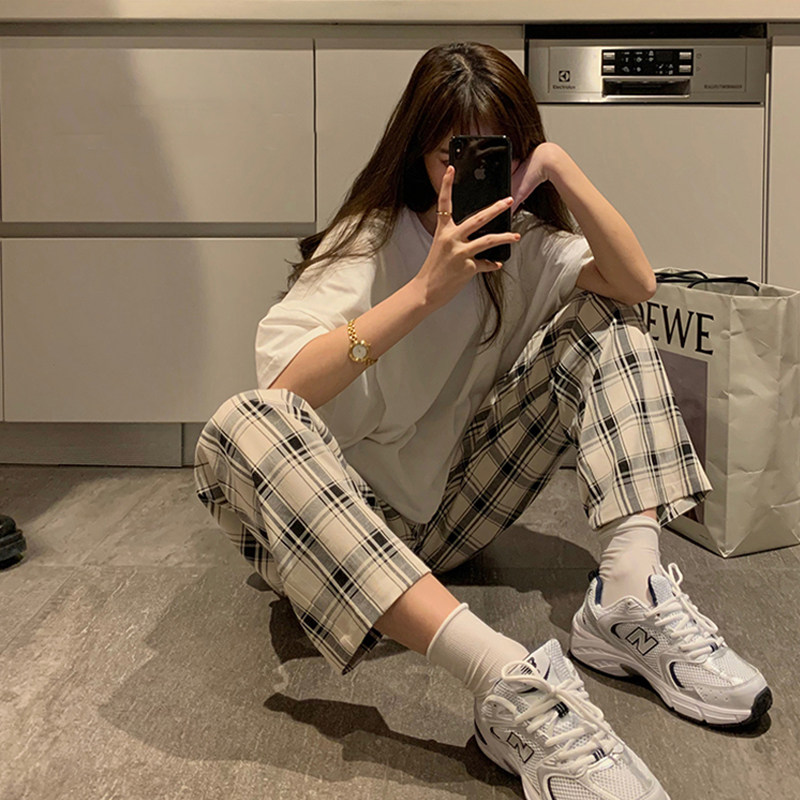 孕妇阔腿裤子春秋季垂感格子打底裤 布衣妈咪孕妇阔腿裤