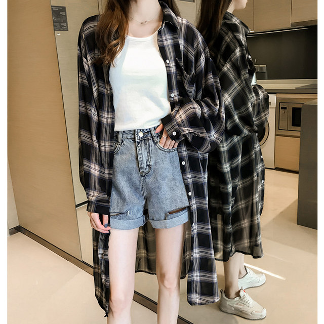 Sun protection retro Hong Kong style thin coat plaid shirt