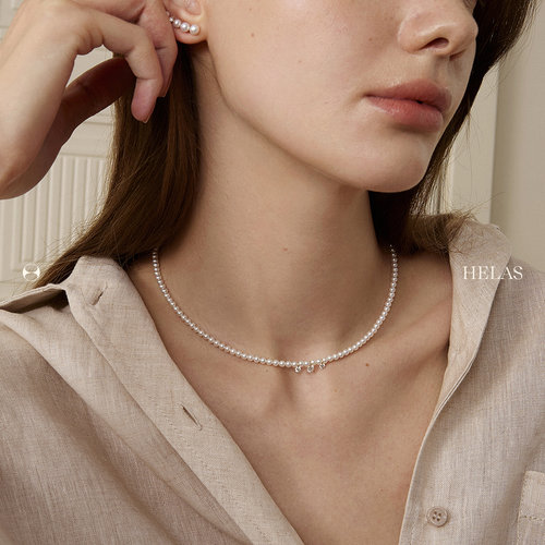 HELAS赫拉流动系列淡水珍珠小米珠串珠项链女14K金培育钻缎光项链 - 图2