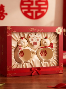 招财猫陶瓷摆件新婚红色喜字