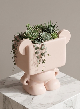 创意粉色卡通熊树脂花盆摆件